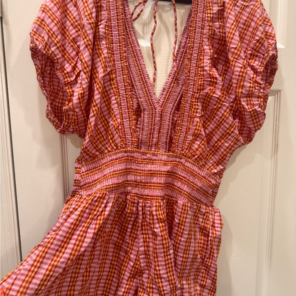 Anthropologie 100% Cotton Pink and Coral Gingham Smocked Romper - Picture 5 of 14